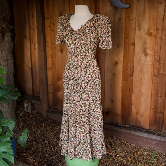 Vintage 90's Rebecca Fall Floral Doen Inspired Ruffle Collar Maxi Dress Size S - Picture 4 of 17